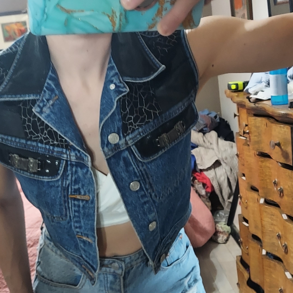 Vintage 90s Cache Brand Jean Vest with Leather Trim Details, Women's Size S Crop